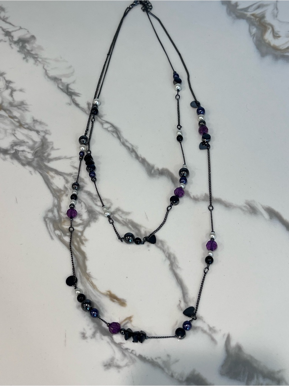 Two Layer Silver-Plated Imitation Pearl & Purple Bead Chain Necklace 18"